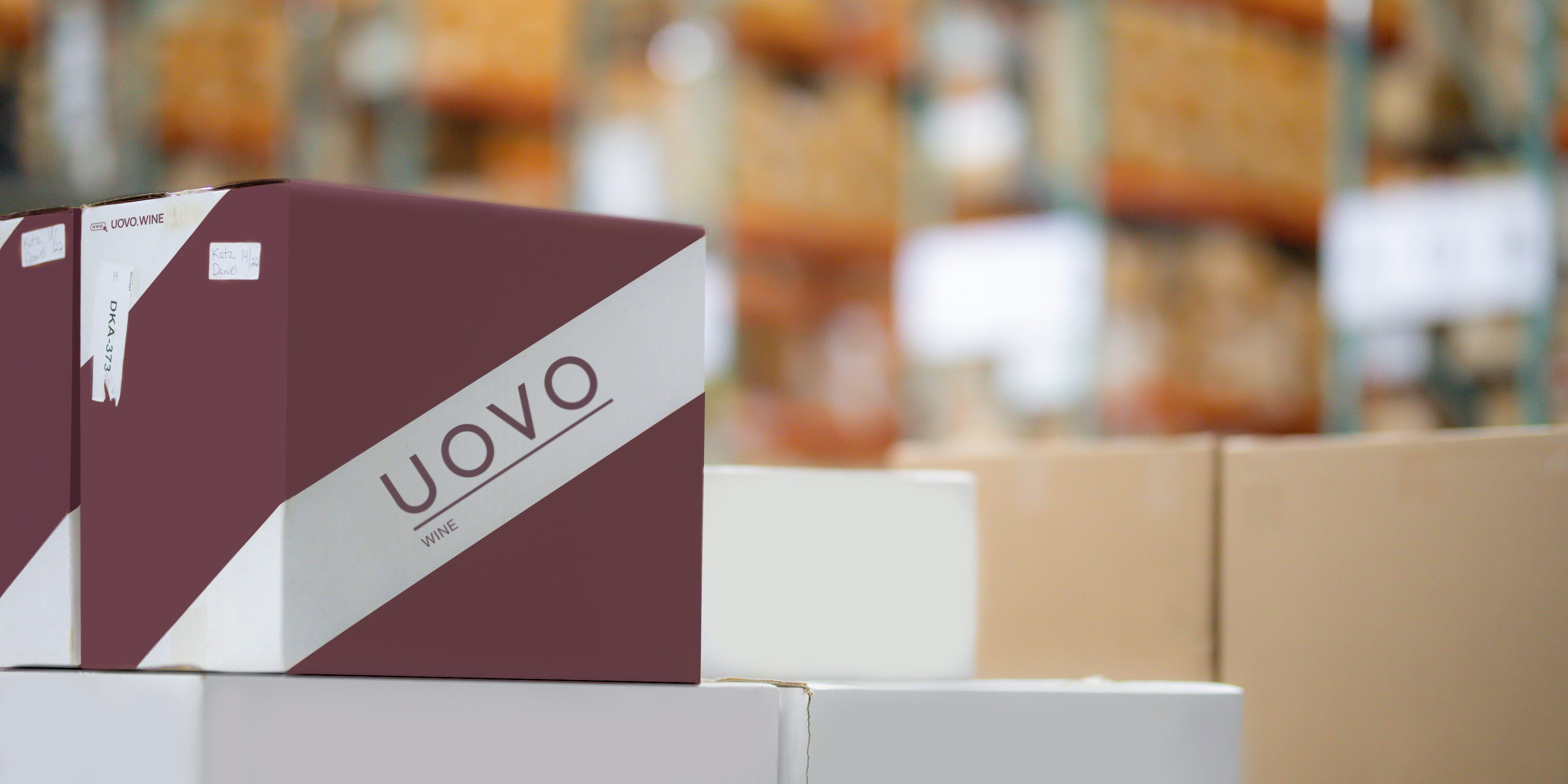 UOVO Wine-branded storage boxes prepared for premium national wine shipping.