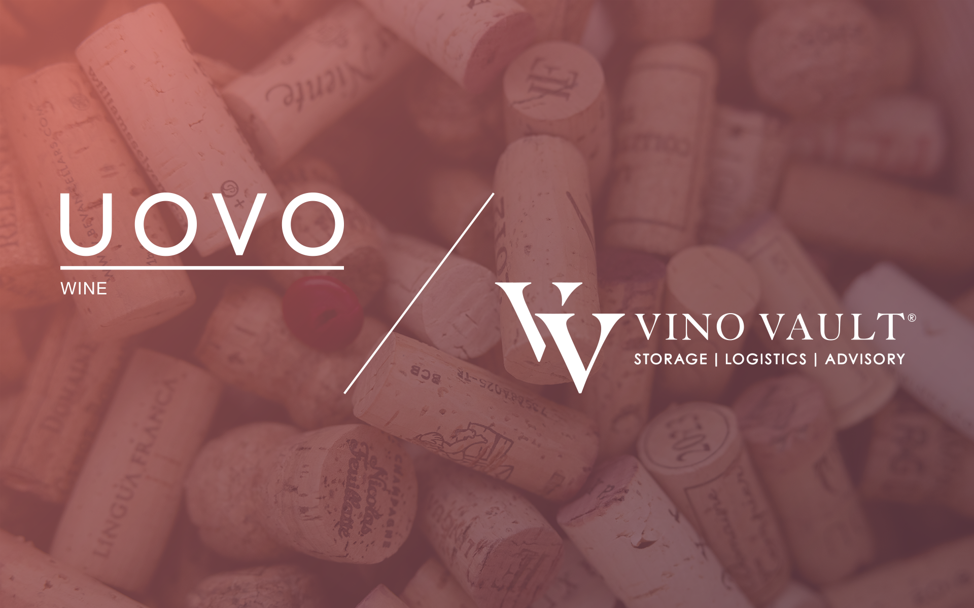 UOVO Wine and Vino Vault logos on a background of wine corks, representing UOVO acquisition of Vino Vault.