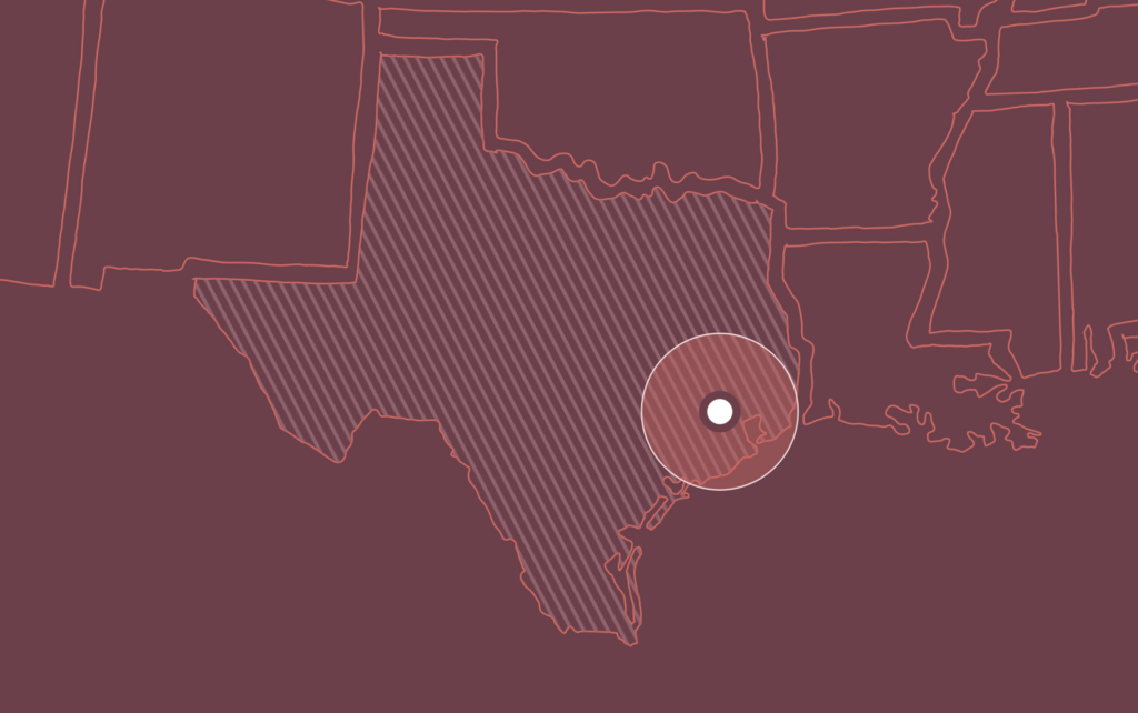 Map graphic highlighting Texas with a marker indicating UOVO Wine storage in Houston.