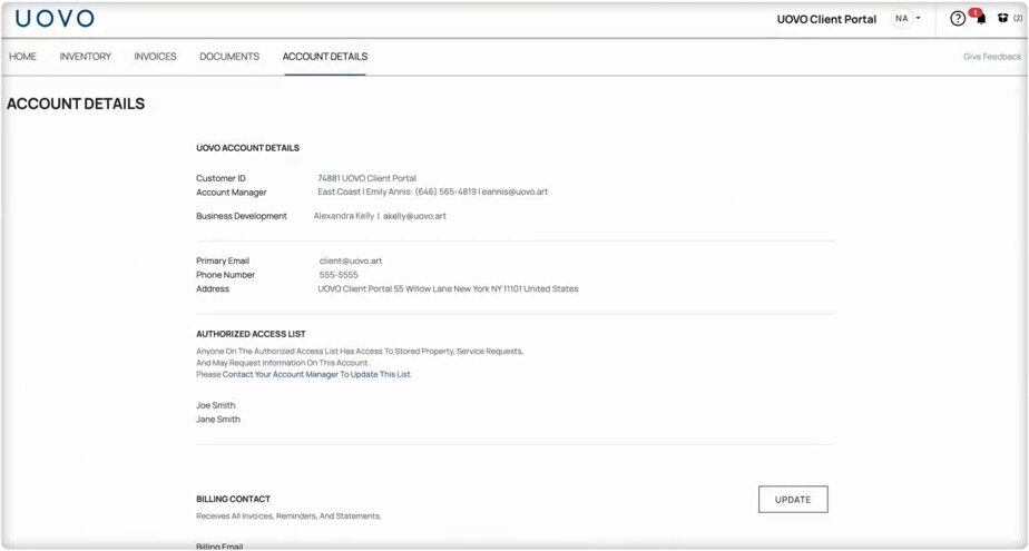 Account Details page in the UOVO Client Portal