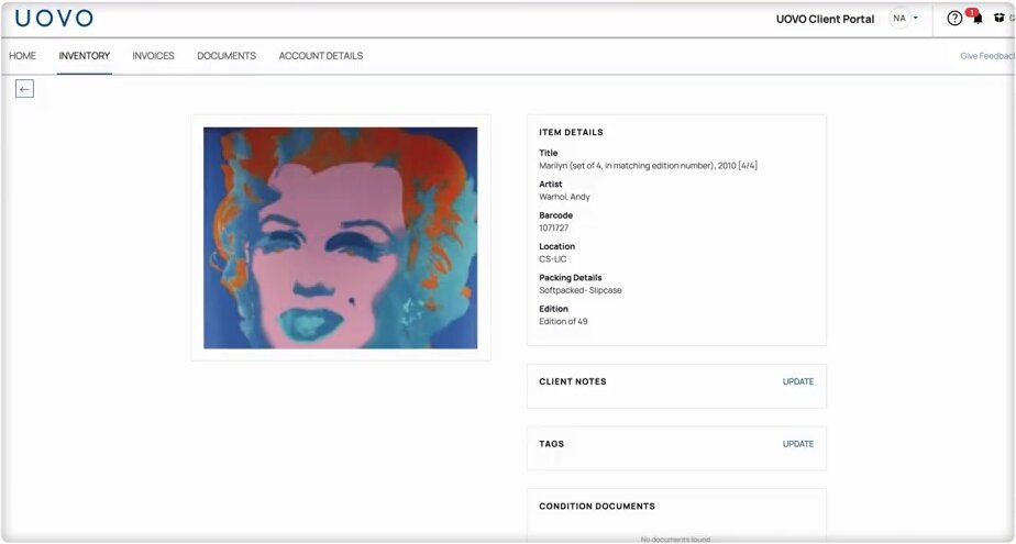 Artwork detail page showing item details, client notes, tags, and condition documents