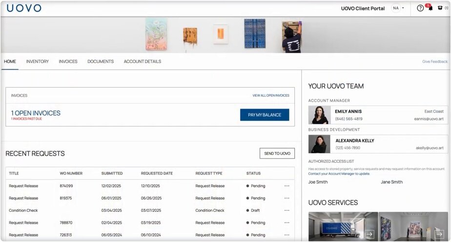 UOVO Client Portal dashboard showing open invoices, recent requests, and the client's UOVO team contacts