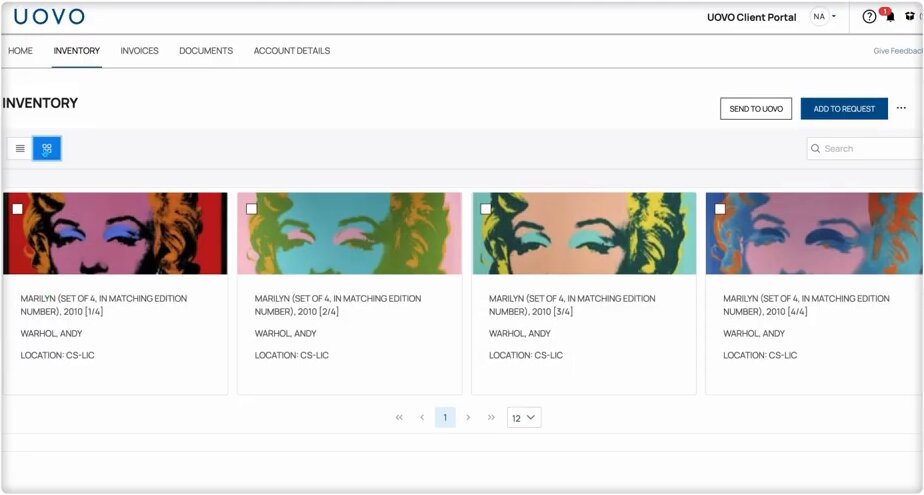 Grid view of a client's digital art inventory in the UOVO Client Portal