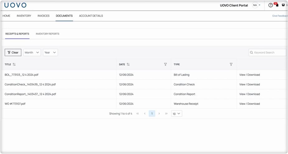 Documents page in the UOVO Client Portal listing bills of lading and condition checks