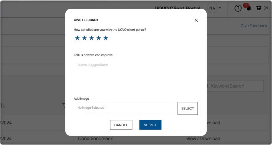 Give Feedback form in the UOVO Client Portal with a star rating and comment field