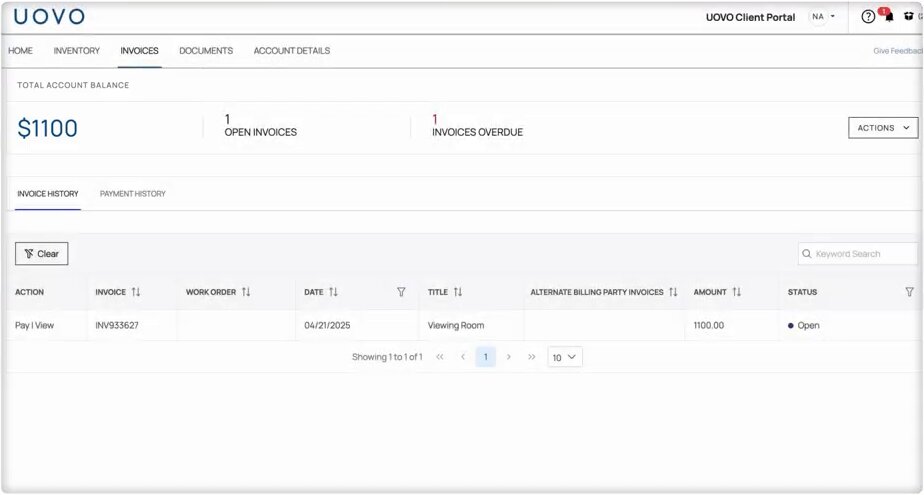 Invoices page in the UOVO Client Portal showing total balance and open invoices