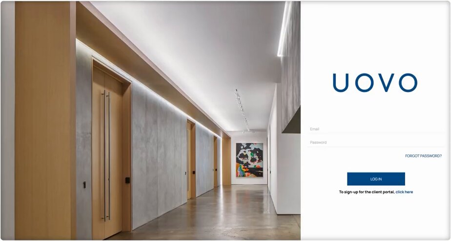 UOVO Client Portal login screen with email and password fields