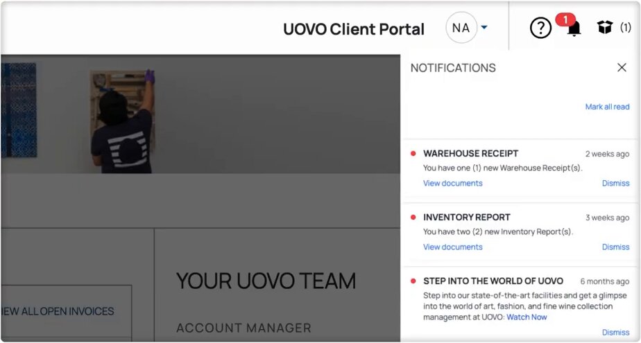 Notifications panel in the UOVO Client Portal listing a new warehouse receipt and inventory report