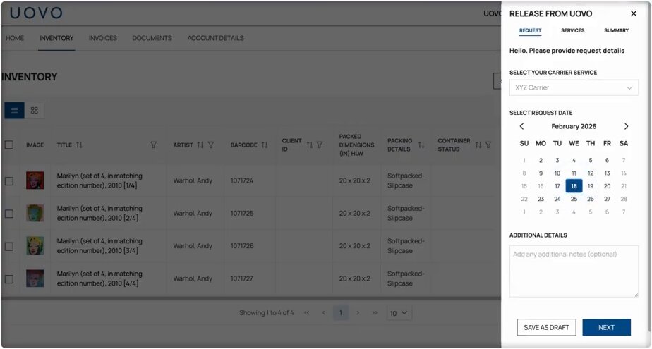 Selecting a carrier service and request date for an artwork release in the UOVO Client Portal