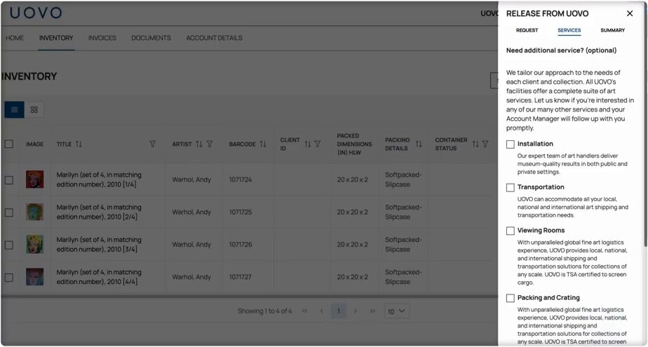 Optional additional services, including installation, transportation, viewing rooms, and packing and crating, in a UOVO Client Portal request